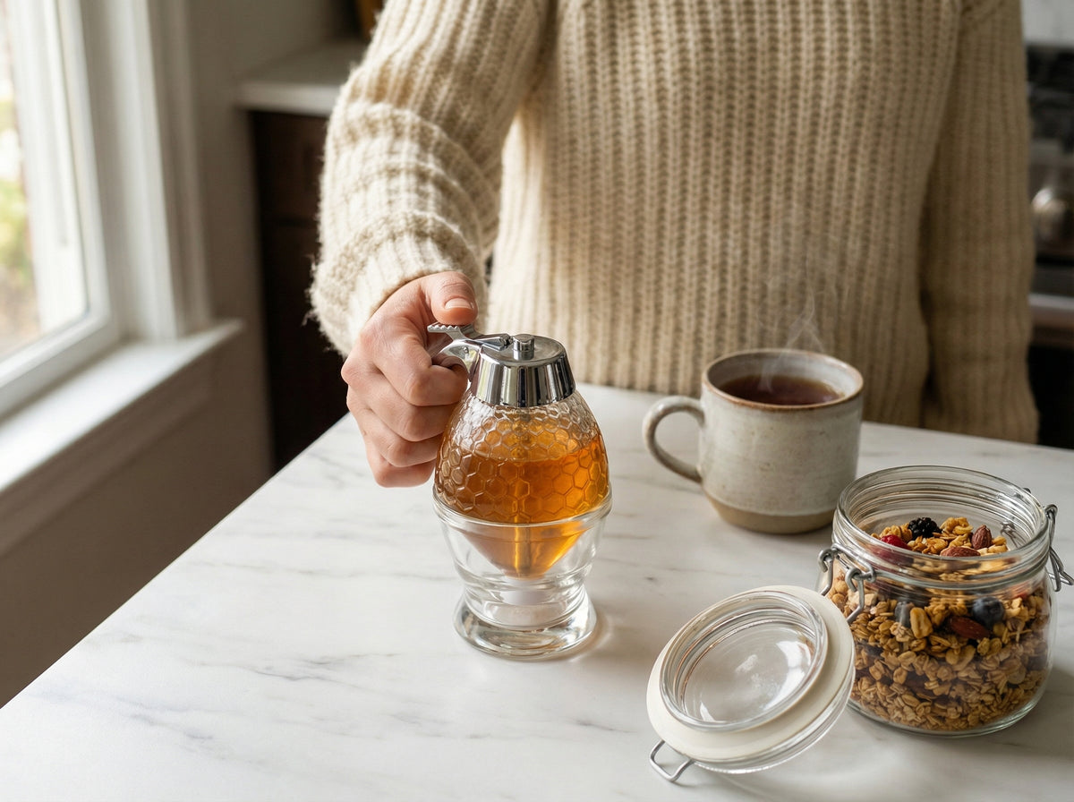 Honey dispenser in a beautiful kitchen setting