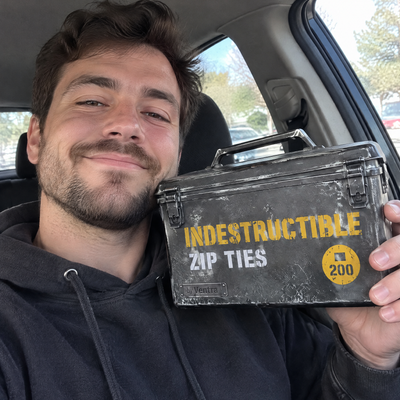 Sample reviewer selfie in his car holding the Indestructible tin