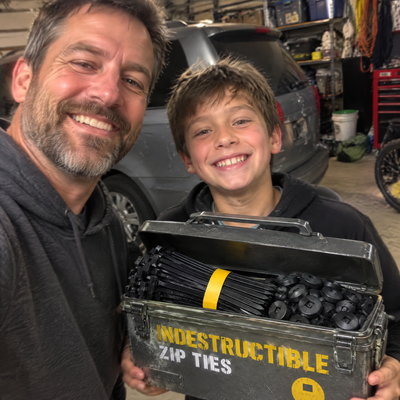Sample reviewer dad and son with the tin in their garage
