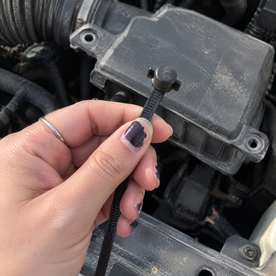 Holding a tie over an open engine bay