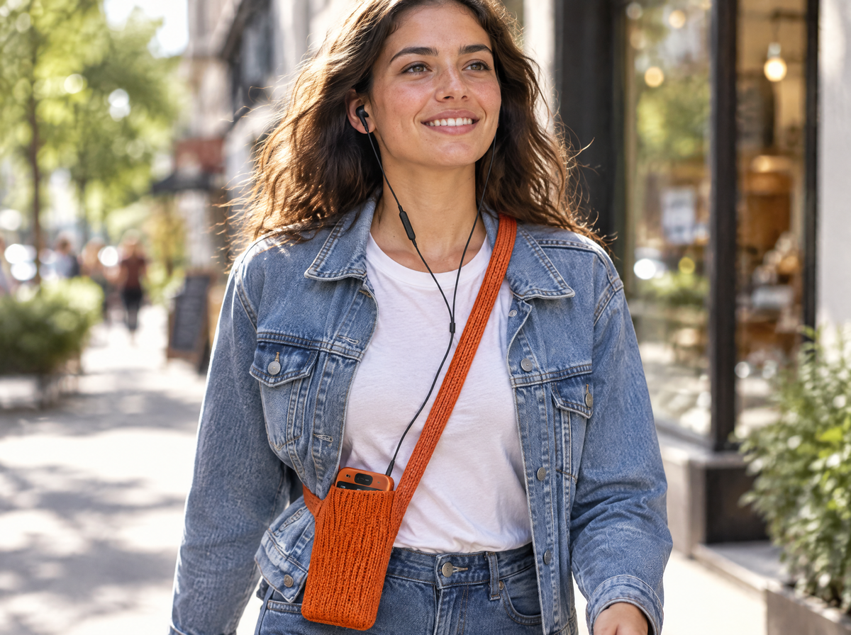 Wearing lowkey in the knit crossbody pocket with earphones
