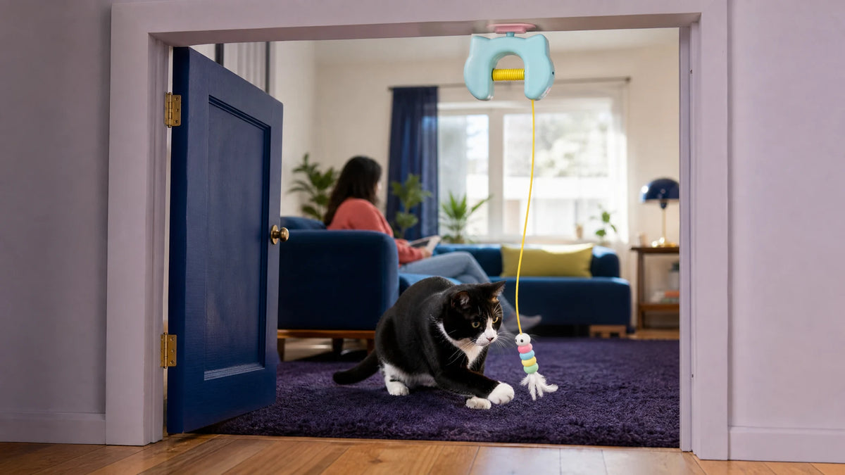 PounceClub fixed under an open doorway with a tuxedo cat playing under owner supervision