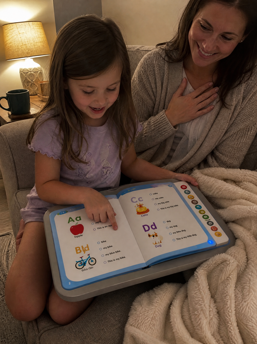 A girl reading a line out loud to her proud mom