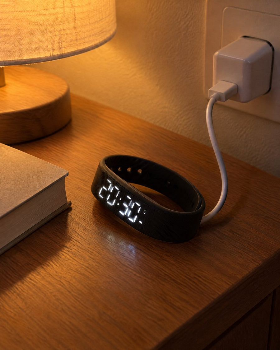 Rouse band charging by USB on a nightstand
