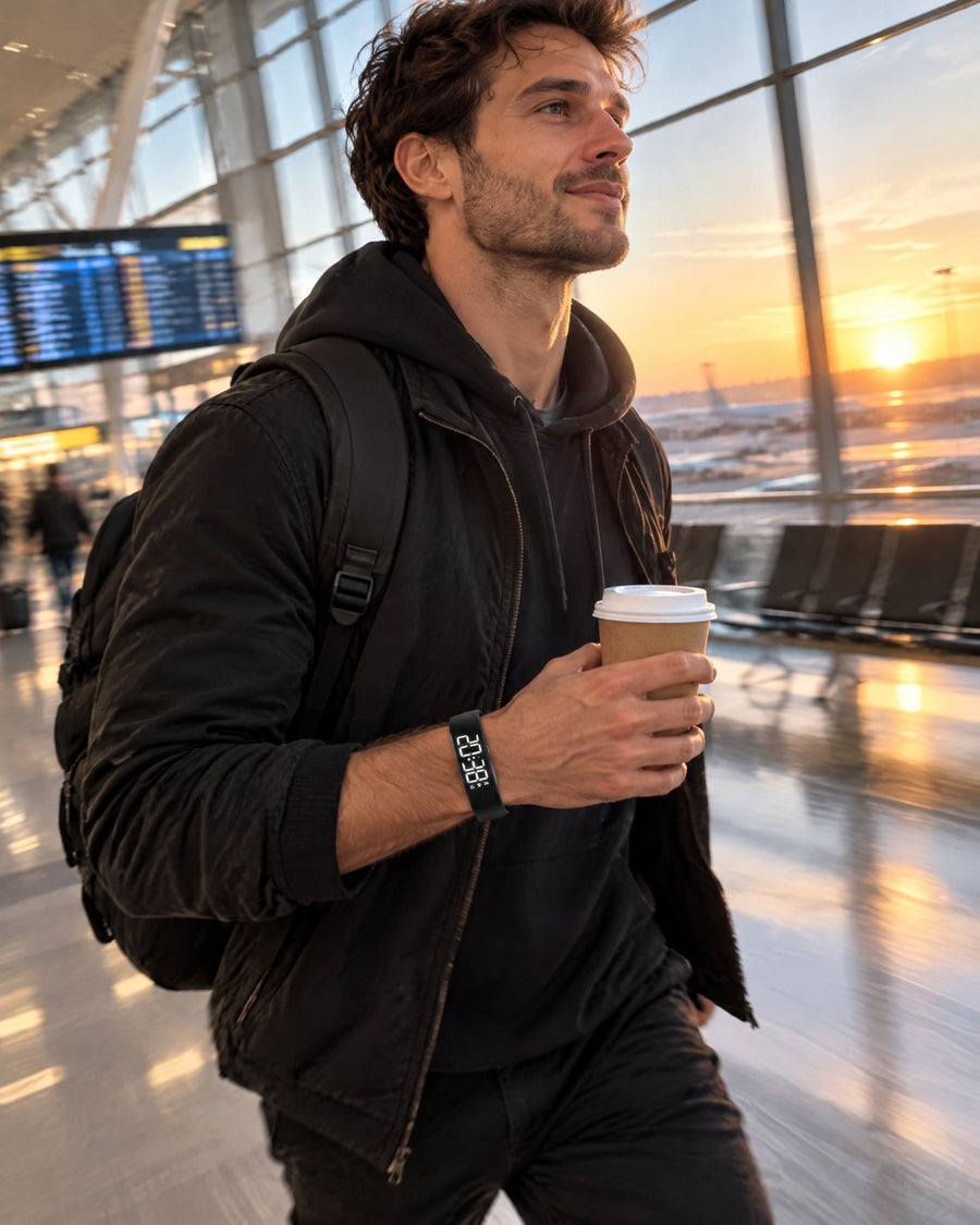 Man walking through an airport at dawn with coffee and a Rouse band