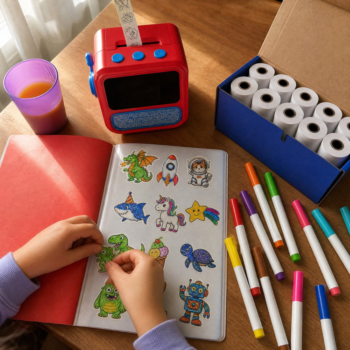 Creator Kit in use: printer, refill rolls, markers and sticker book on a craft table