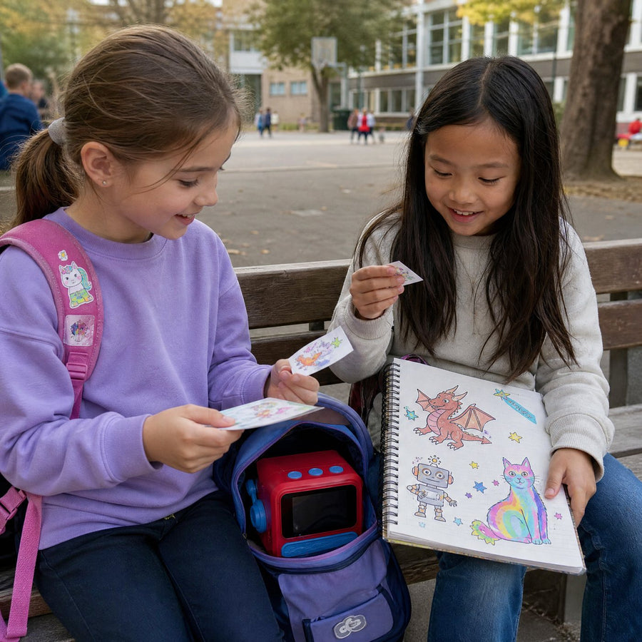 Two friends trading colored stickers on a school bench