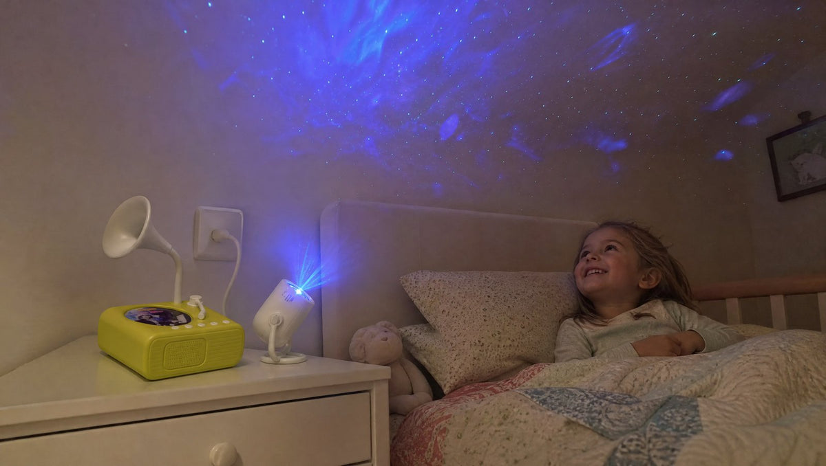 Star night light glowing on a nightstand next to Storyhorn while a child falls asleep