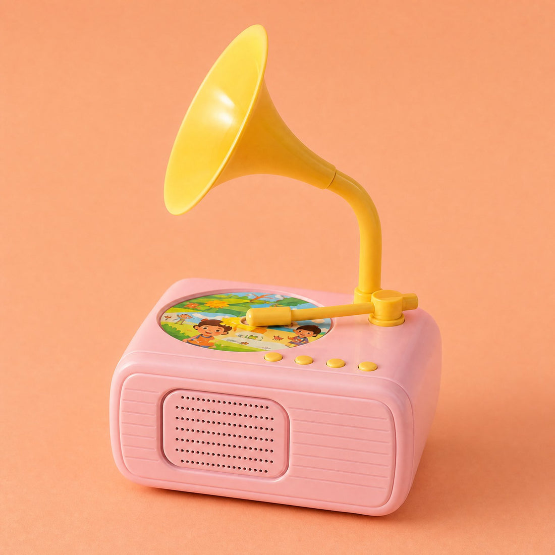 Pink Storyhorn with a yellow horn and a picture card on top