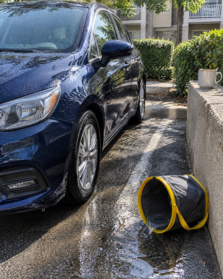 The car is clean, in a lot with no tap.