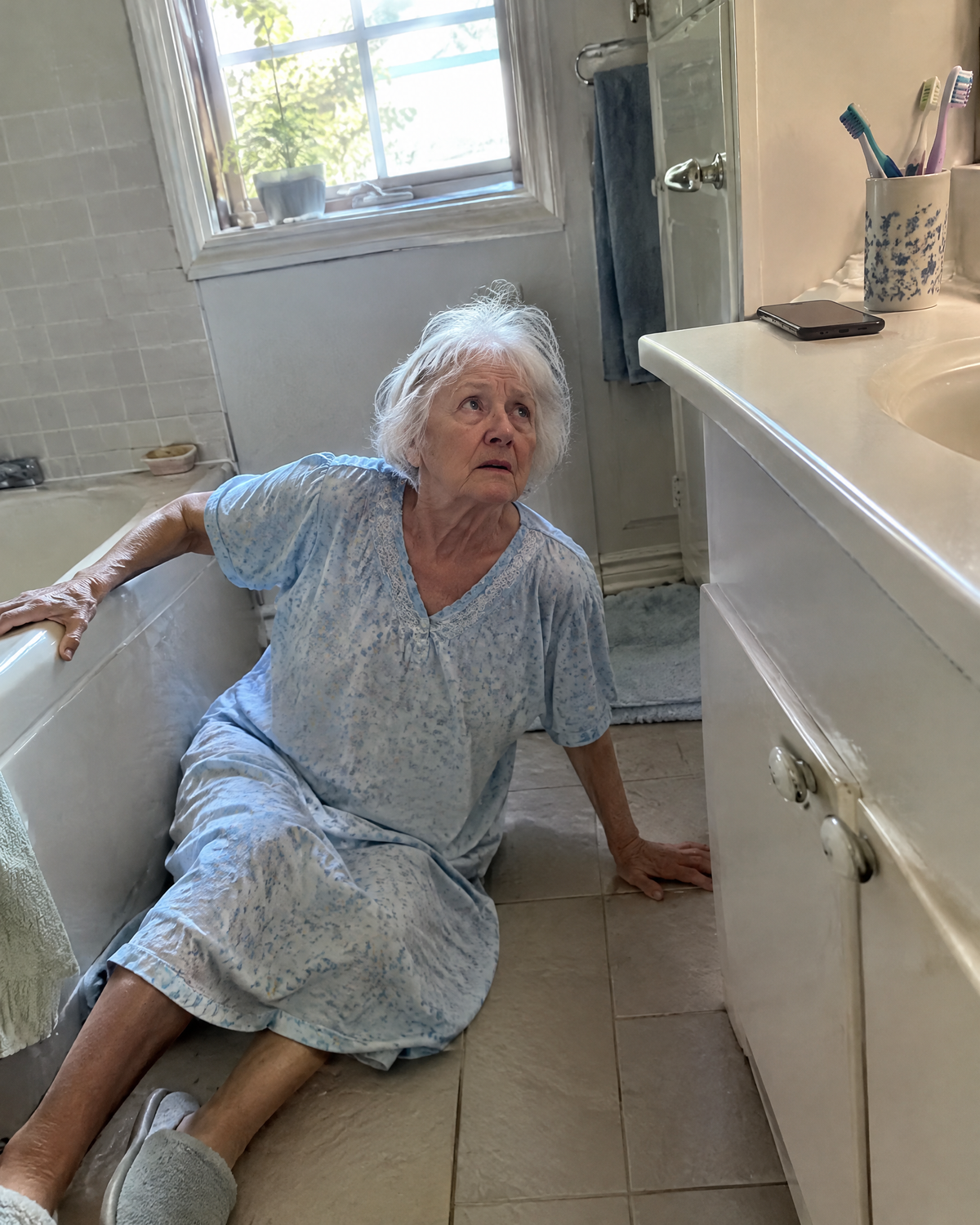 An older woman on her bathroom floor after a fall, her phone out of reach on the counter