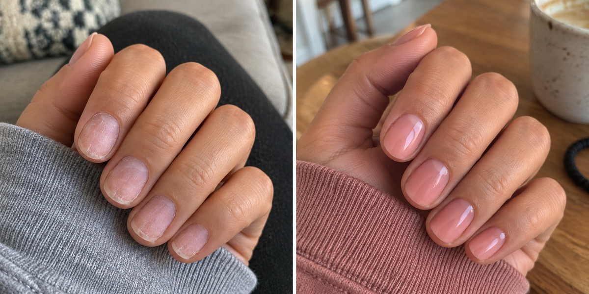 Before and after nail-finish comparison: dull bare nails on the left and a glossy rose-colored finish on the right.