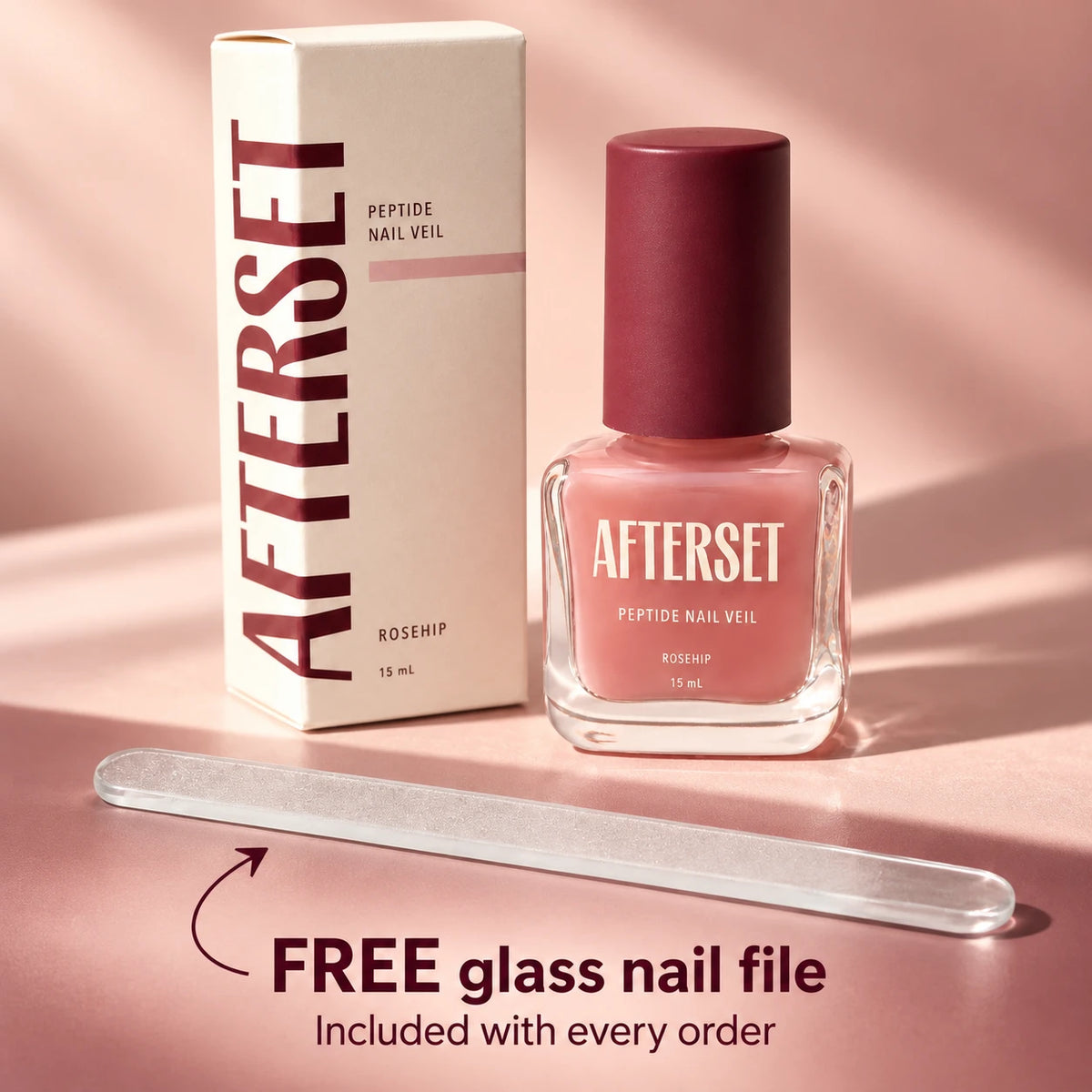 AFTERSET Rosehip bottle and signature carton with a free glass nail file included with every order
