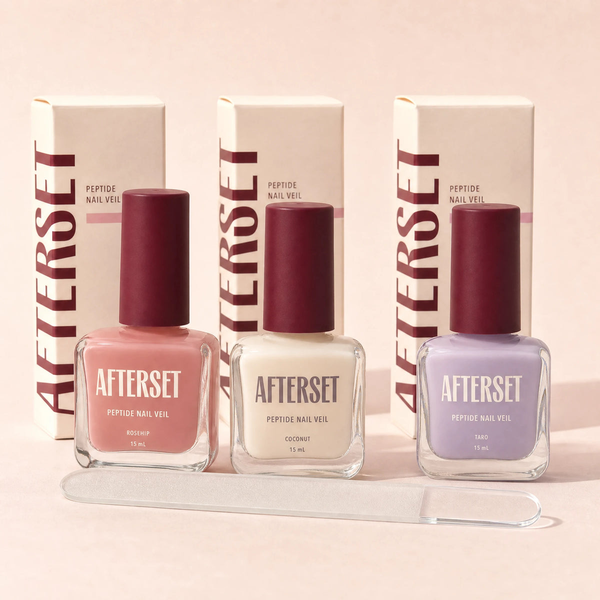 Three AFTERSET shades, matching cartons and one free glass nail file