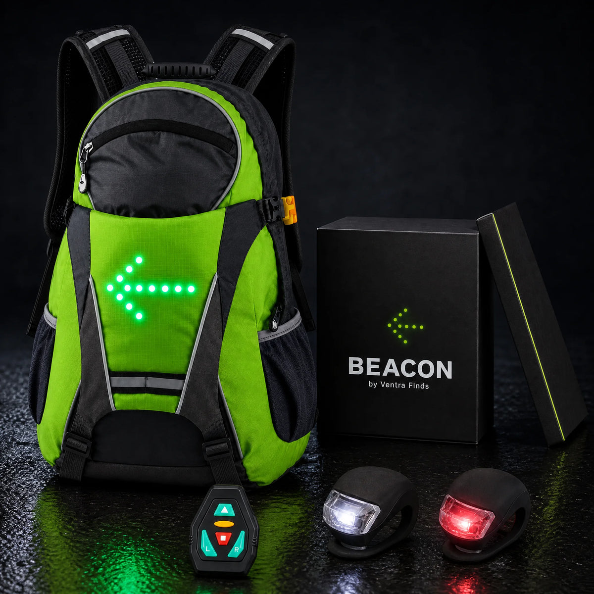 Beacon LED turn signal backpack with its gift box, handlebar remote and free front and rear bike lights
