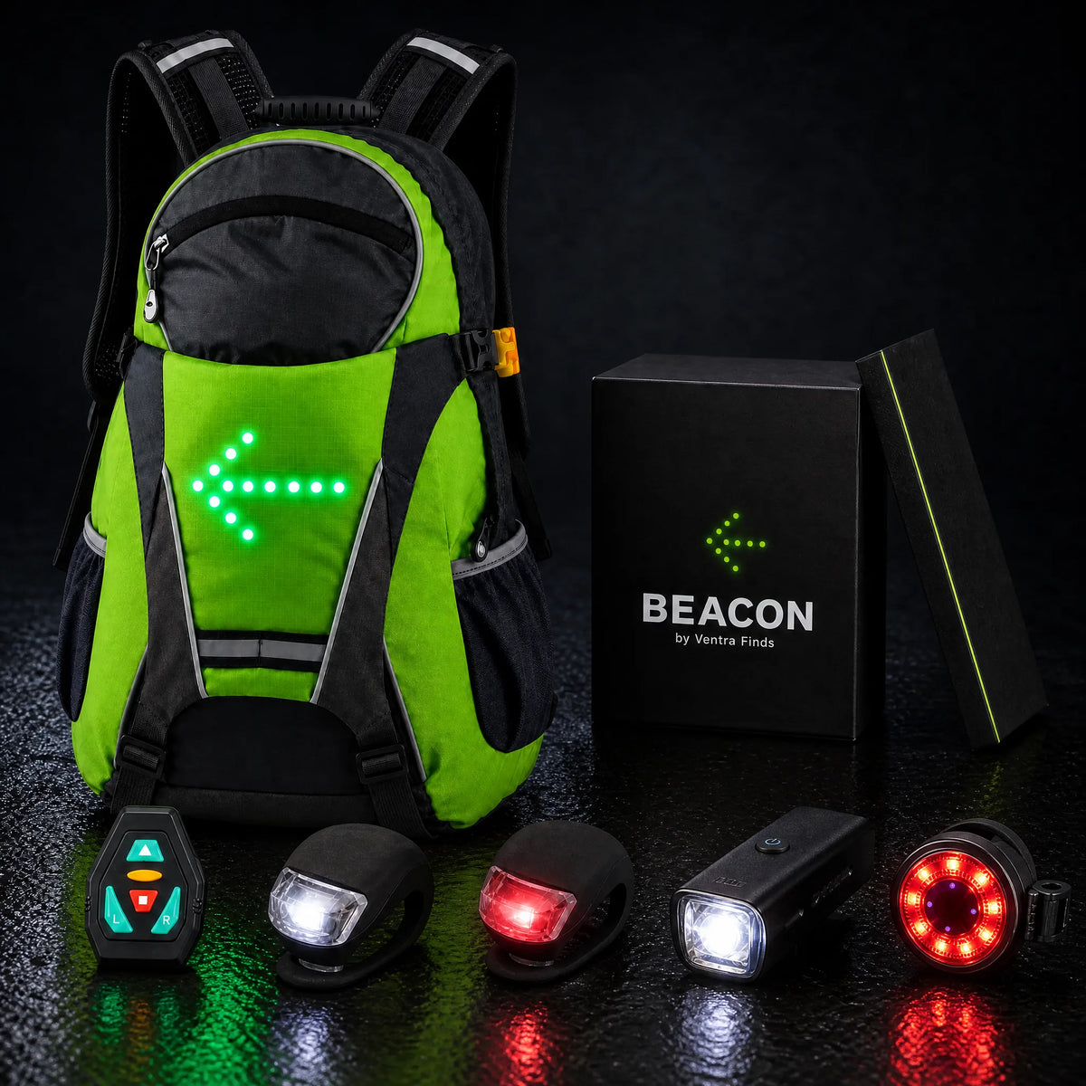 Backpack + Light Kit: Beacon backpack with remote, a headlight and a smart brake light, plus the free front and rear bike lights