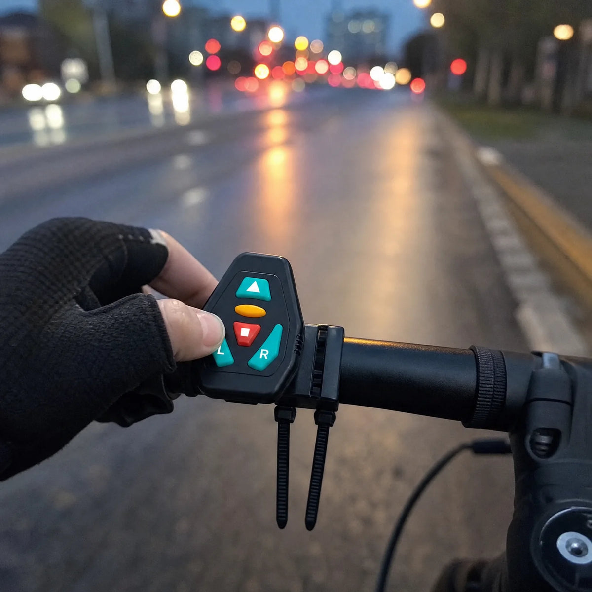 Thumb pressing the left key on the Beacon handlebar remote