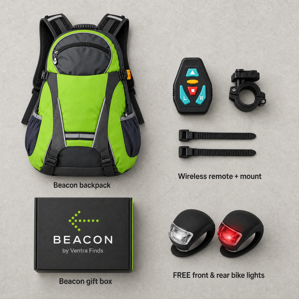 What you get: Beacon backpack, wireless remote and mount, gift box, free front and rear bike lights