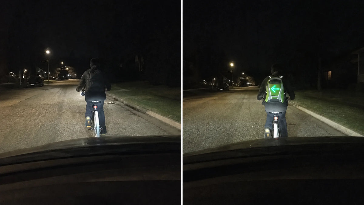 A cyclist at night with a plain backpack compared with a Beacon backpack signalling left