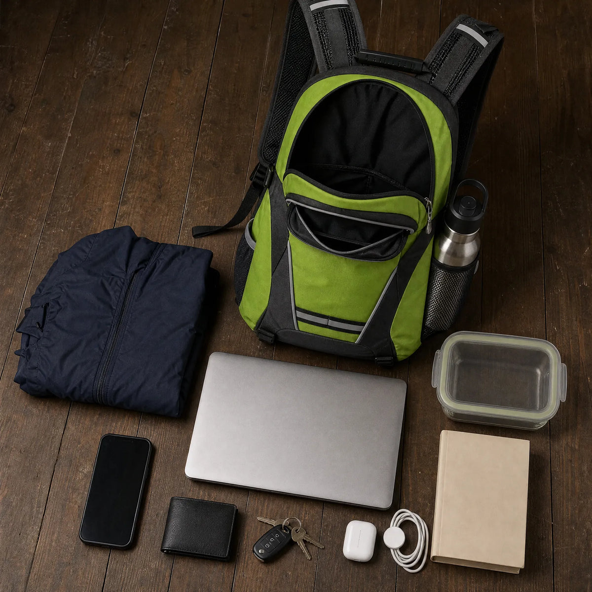 Beacon open on a wooden floor with a laptop, rain jacket, water bottle, lunch box, book, phone, wallet, keys and earbuds laid out around it