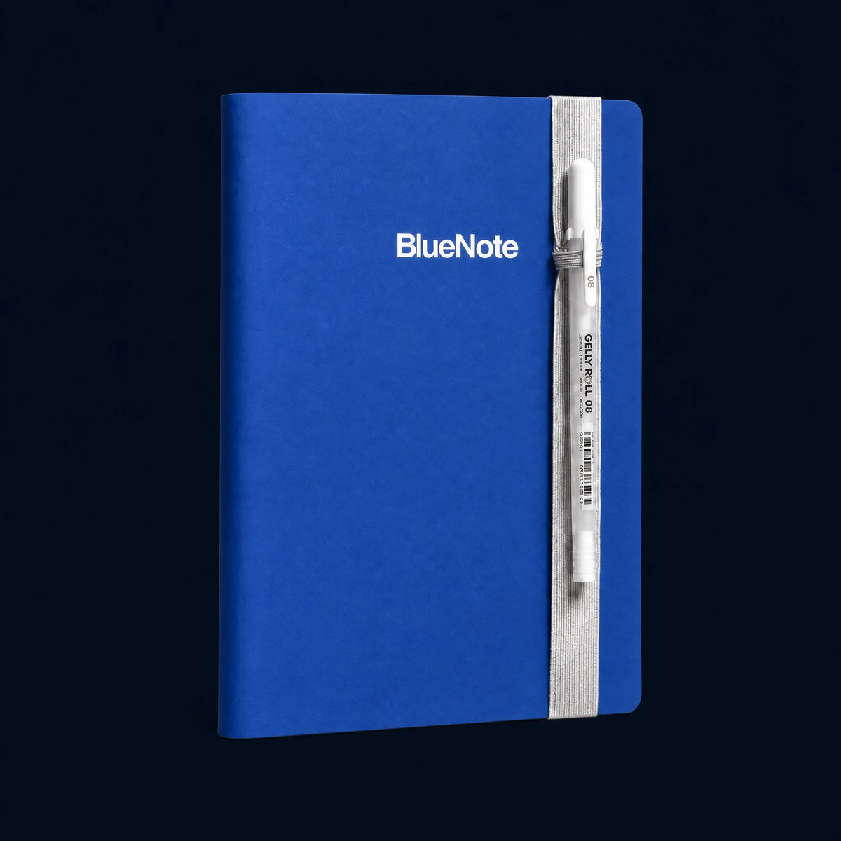BlueNote notebook with white gel pen and external pen strap