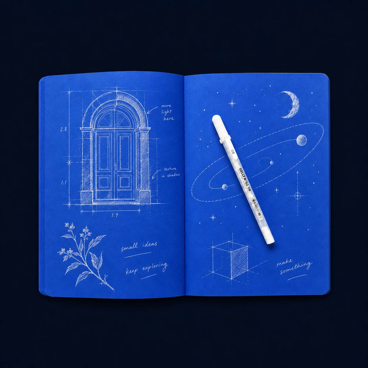 Open BlueNote with white-ink architectural, botanical and celestial sketches and a white gel pen