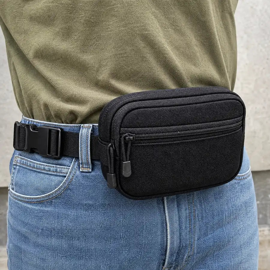 Close view of the closed black CloseCarry pouch at the waist, with an olive T-shirt tucked into blue jeans.