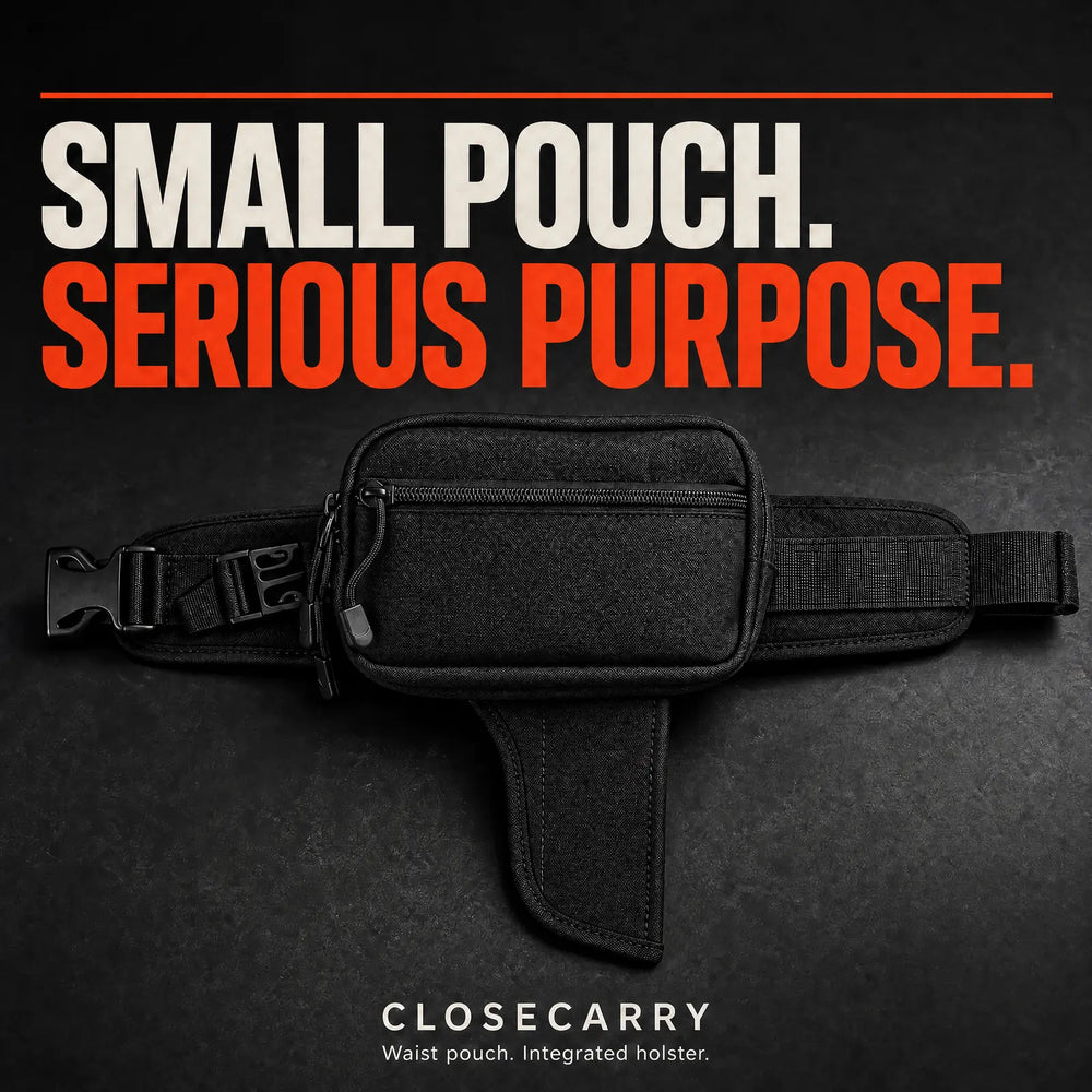 Black CloseCarry waist pouch with the integrated lower holster visible and bold product headline.