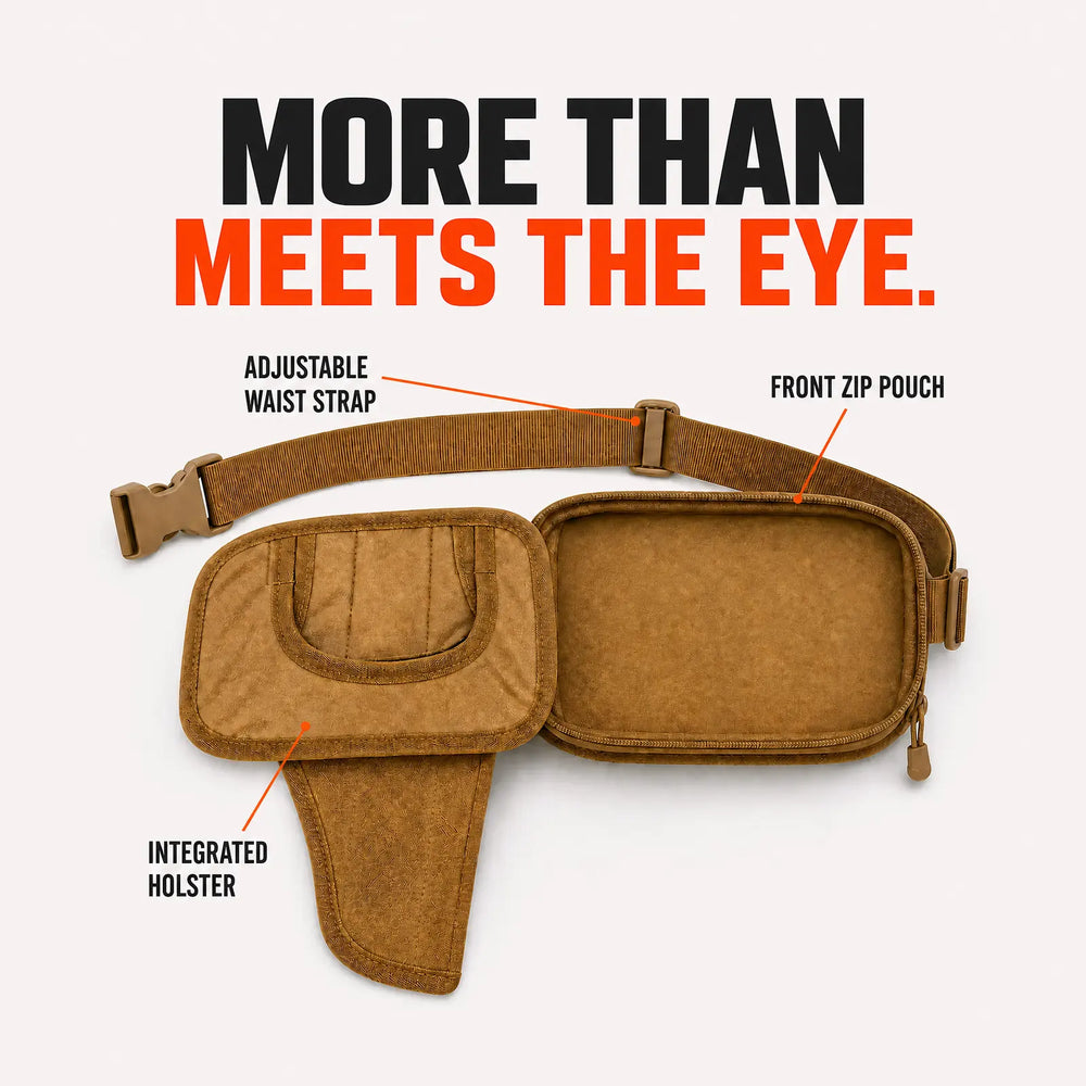 Open tan CloseCarry with labeled front zip pouch, integrated holster and adjustable waist strap.