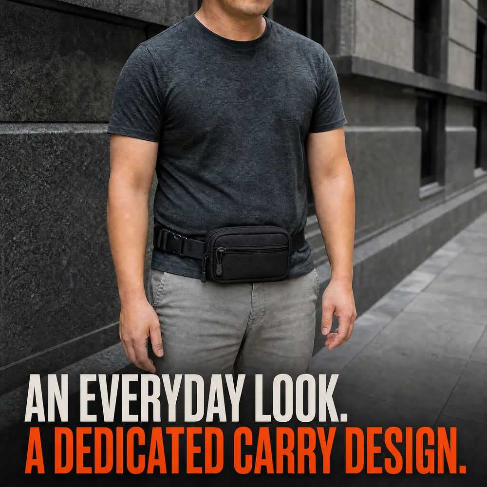 Adult standing normally with the small closed black CloseCarry pouch at the waist.