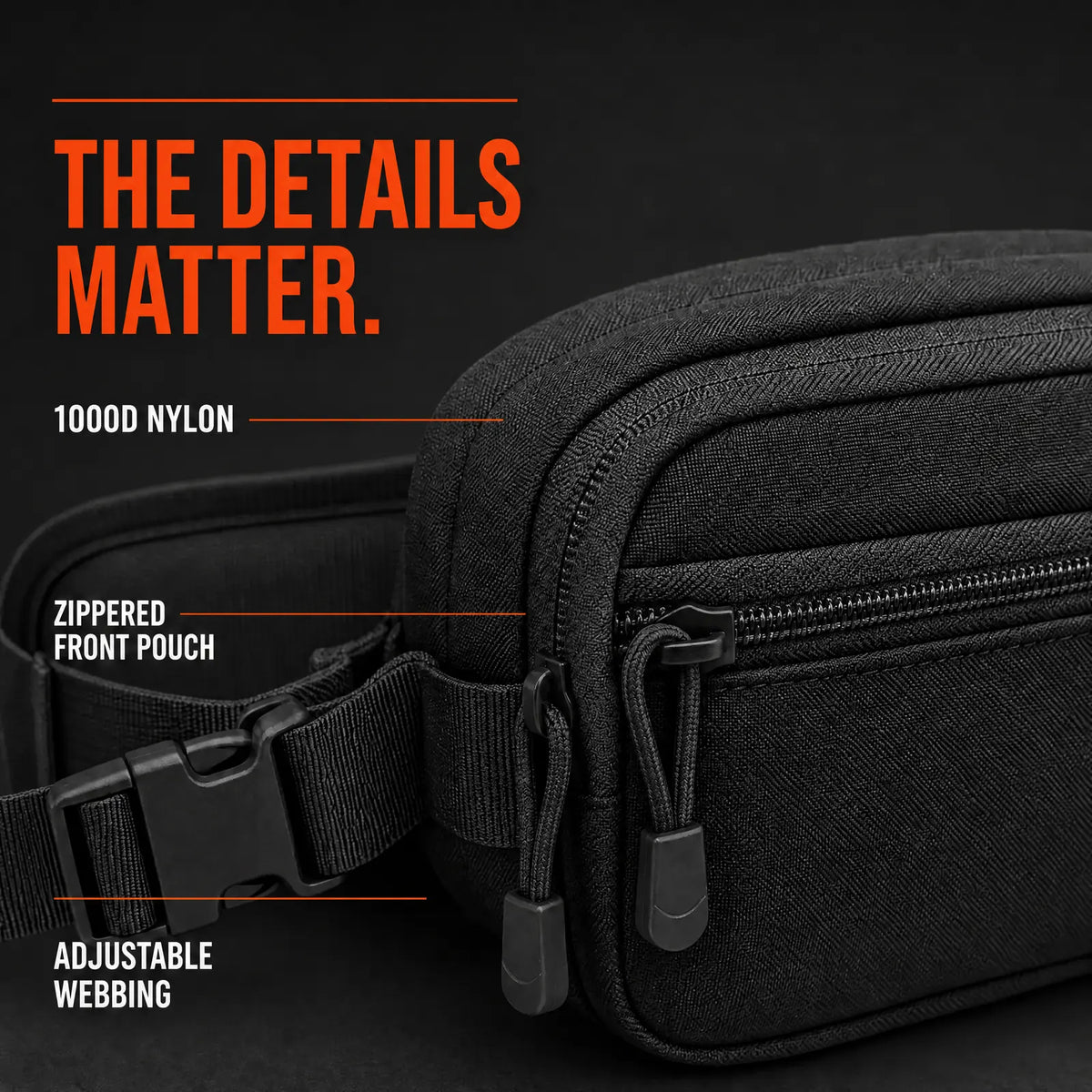 CloseCarry nylon fabric, front zipper and adjustable webbing shown with labels.