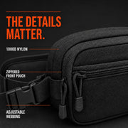 Close-up of CloseCarry fabric, front zipper and adjustable webbing with component labels.