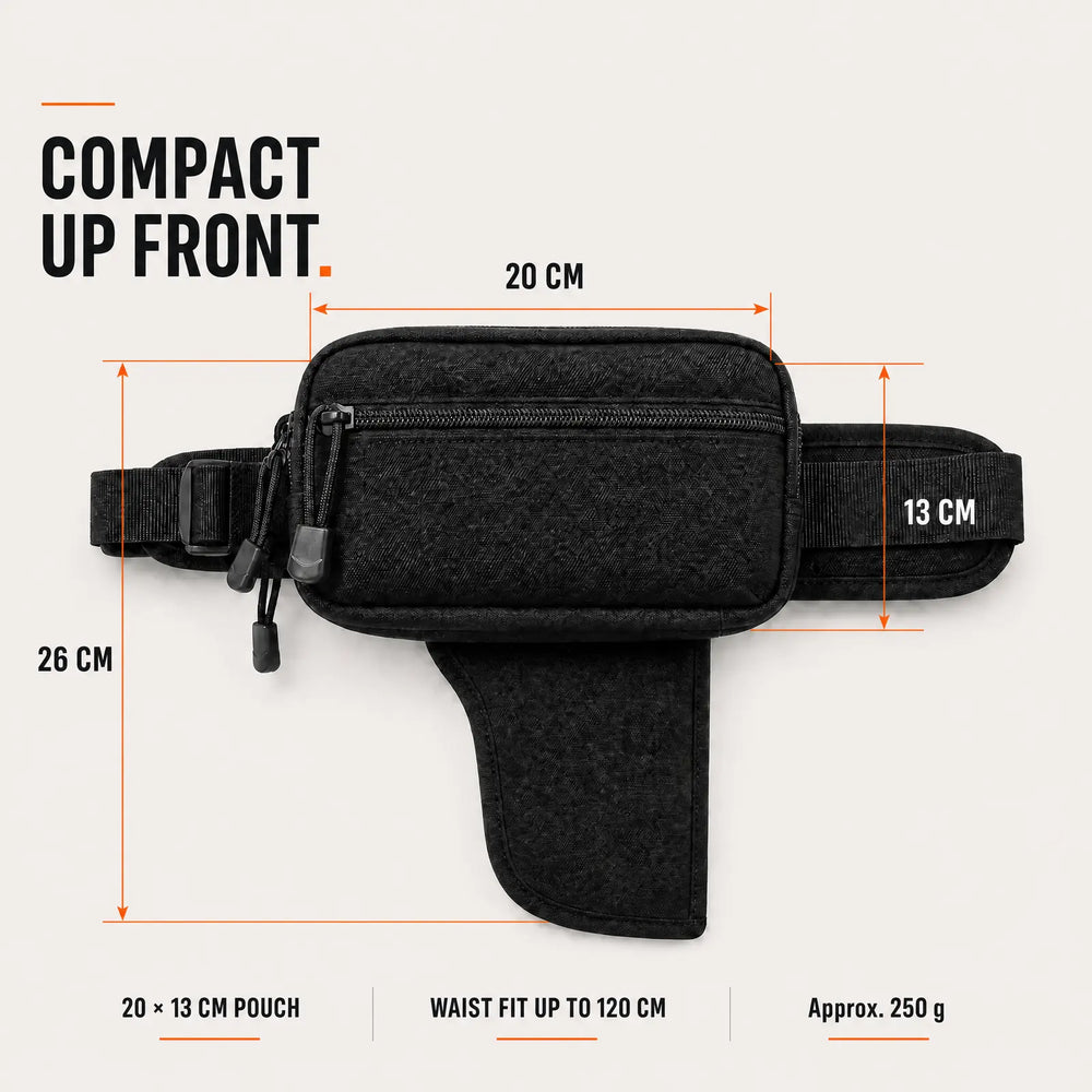 CloseCarry diagram showing a 20 by 13 cm front pouch, 26 cm overall height and maximum 120 cm waist fit.