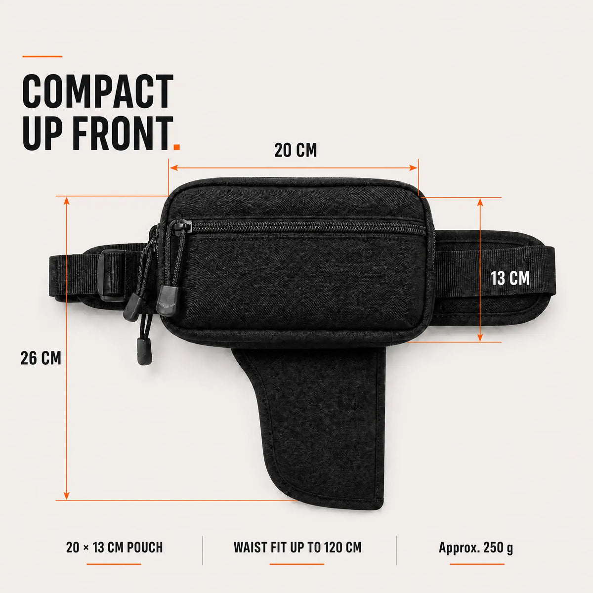 CloseCarry exterior dimensions and maximum waist fit diagram.