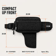 CloseCarry diagram showing a 20 by 13 cm front pouch, 26 cm overall height and maximum 120 cm waist fit.