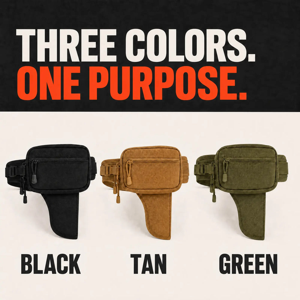 Black, Tan and Green CloseCarry pouches with matching hardware and color labels.