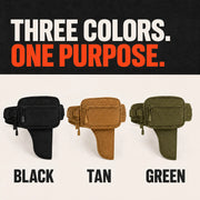 Black, Tan and Green CloseCarry pouches with matching hardware and color labels.