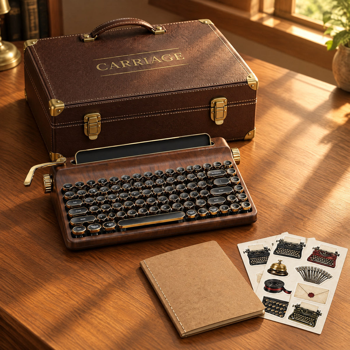 Carriage typewriter keyboard with its leather gift case, kraft notebook and typewriter stickers
