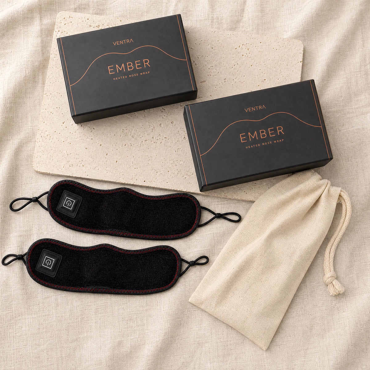Duo set: two Ember heated nose wraps with Ventra packaging and one cotton storage pouch