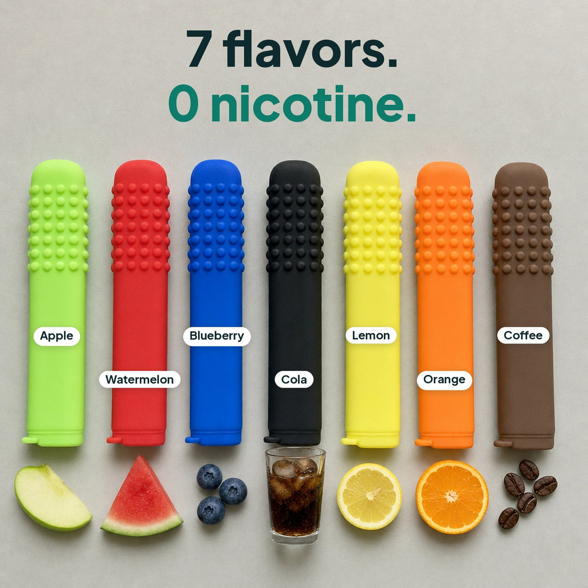 All 7 FreeAir flavors: Apple, Watermelon, Blueberry, Cola, Lemon, Orange, Coffee