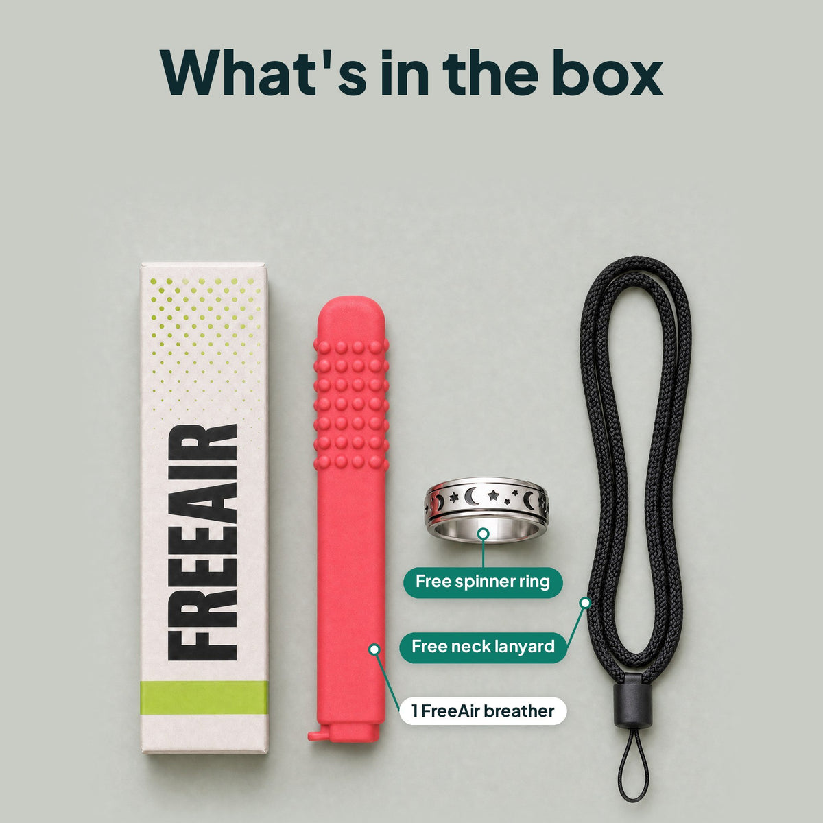 What is in the box: one FreeAir breather, free spinner ring, free neck lanyard