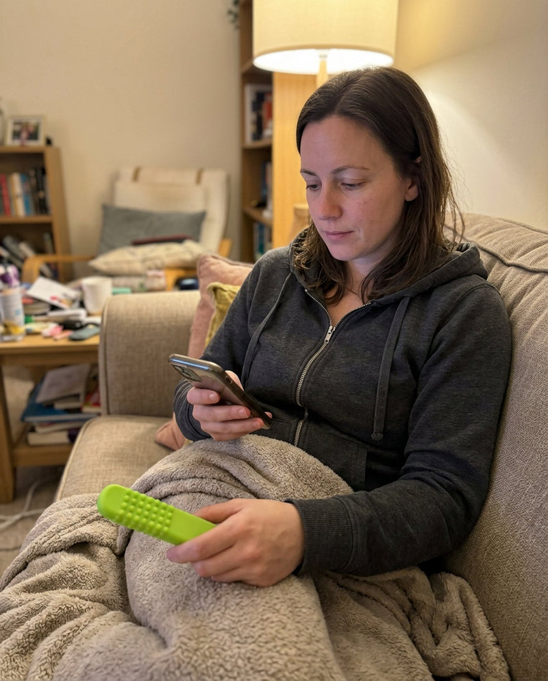 Woman on a sofa at night holding a FreeAir
