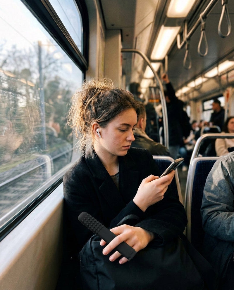 Woman on a train holding a FreeAir