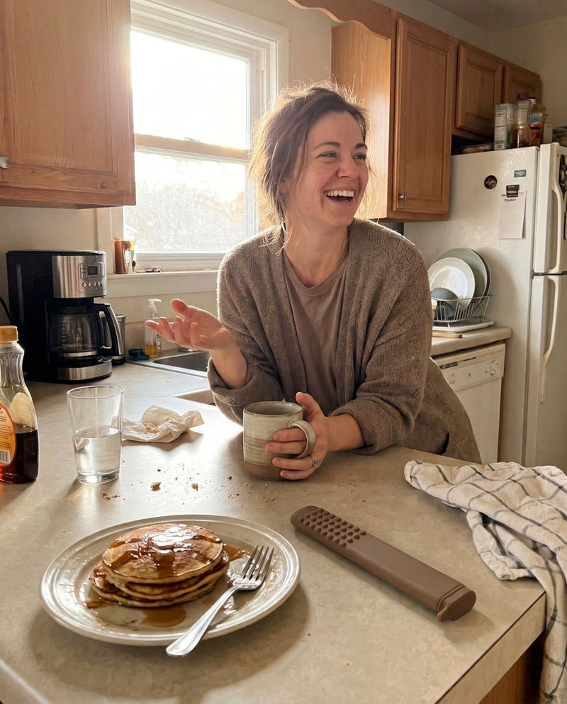 Woman laughing at breakfast with a Coffee FreeAir on the table