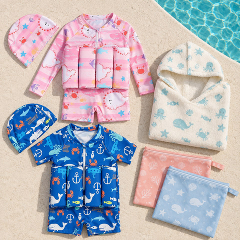 Vacation Kit with two swim suits, matching caps, a hooded towel and two wet bags