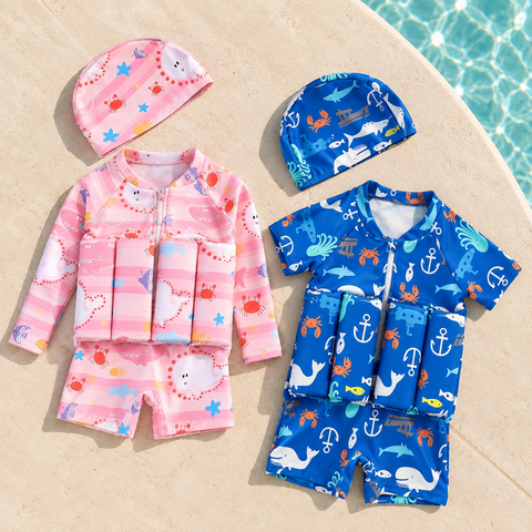 Two FirstMate suits with matching swim caps