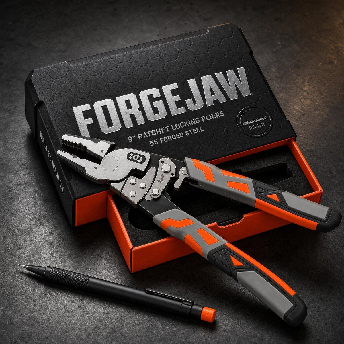 FORGEJAW 9 inch ratchet locking pliers on the FORGEJAW box with the free carpenter marking pencil