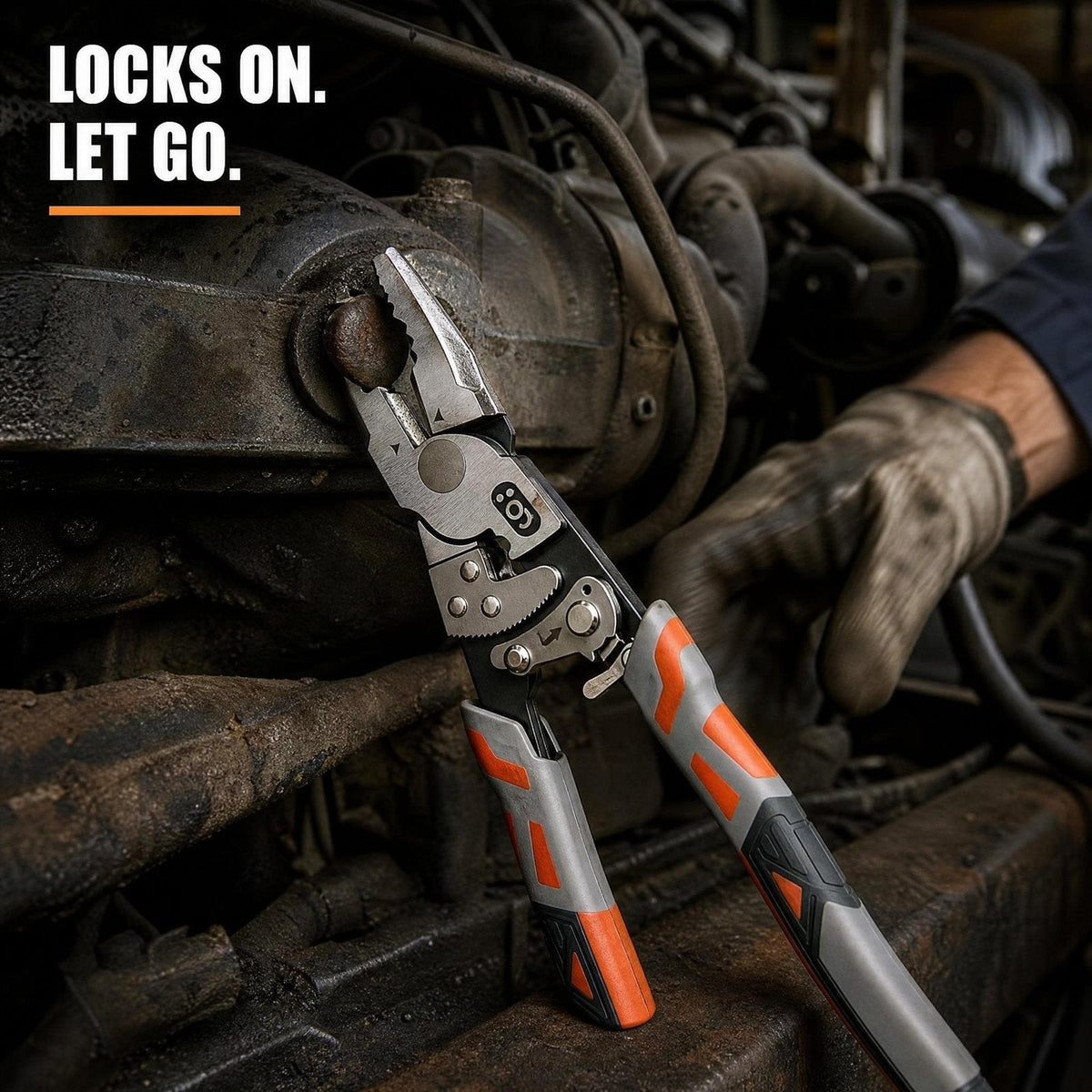 Pliers locked onto a rusted bolt, hands free