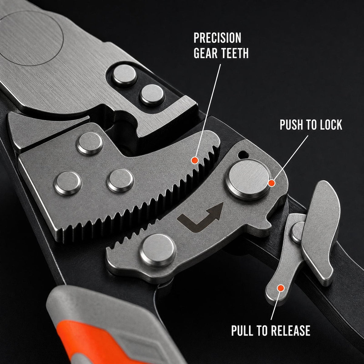 Ratchet gear teeth with push to lock and pull to release lever