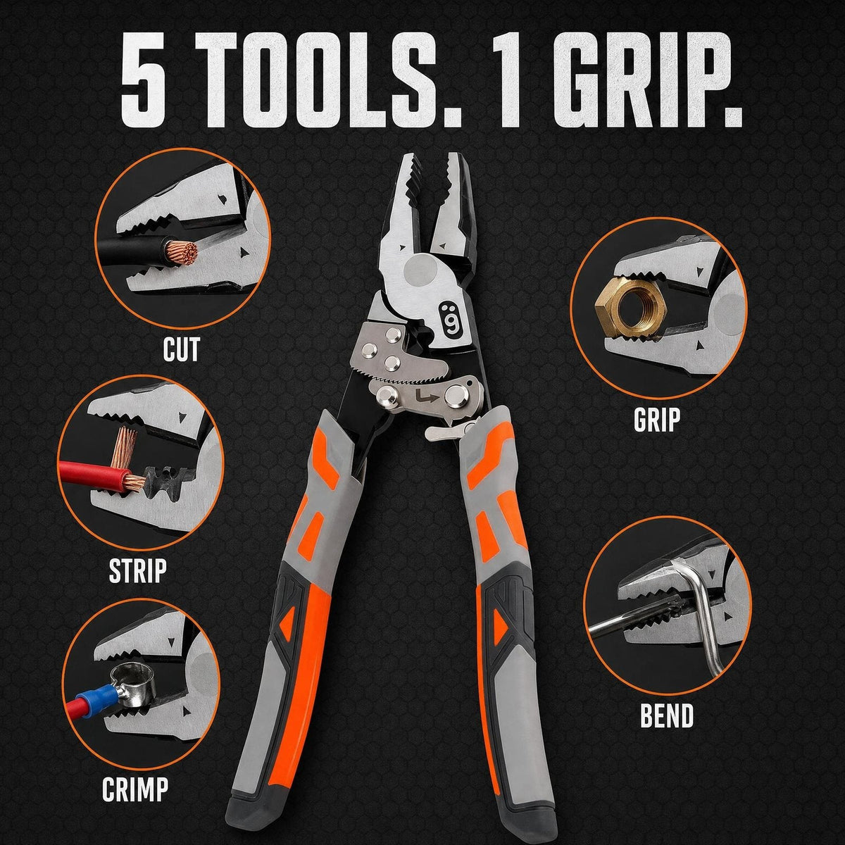 Cut, strip, crimp, grip and bend with one tool